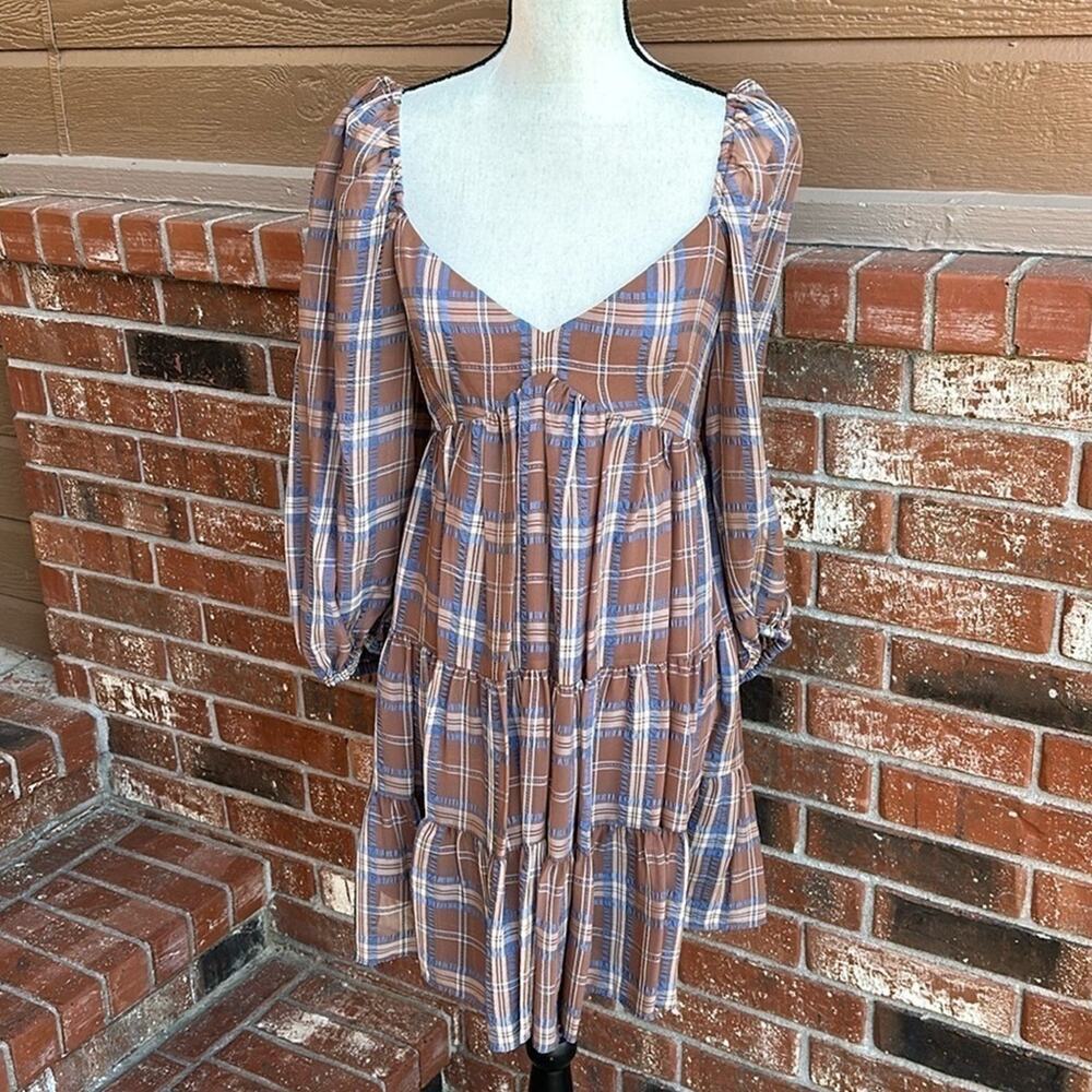 Gianni Bini Lyla Plaid Dress Small Maple Navy Sweetheart Neck Tiered Mini Boho